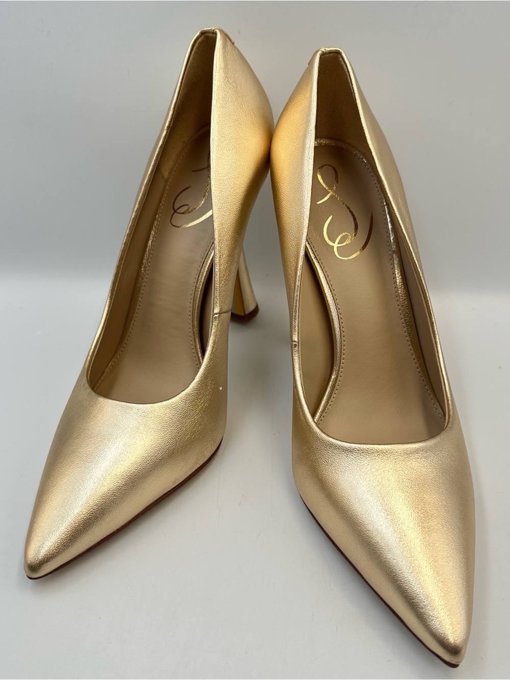 Sam Edelman Antonia Gold Leather Pump Womens 7.5M Pointed Toe Tapered 4.25" Heel